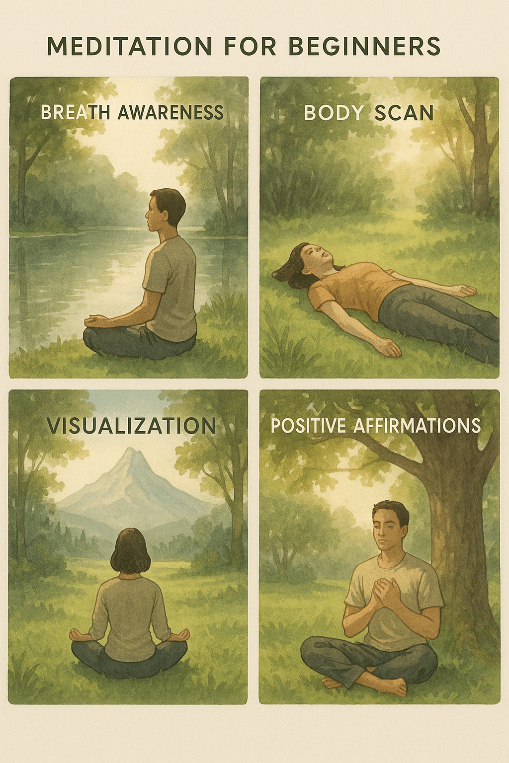 5 Powerful Guided Meditation for Beginners to Reduce Stress 6 Four panel visual of meditation techniques for guided meditation for beginners in nature