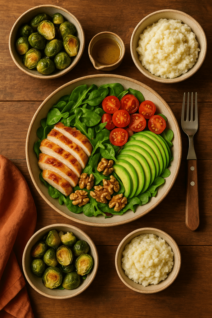 5 Irresistible Low Carb Meal Ideas for Dinner to Boost Health 4 Fresh and colorful low carb meal ideas for dinner with grilled chicken salad and vegetable sides on rustic table
