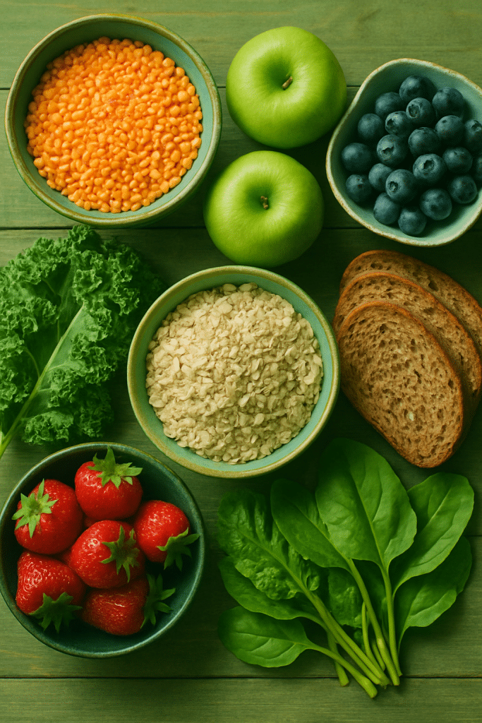 5 Powerful Fiber Rich Foods for Weight Loss You Must Try 2 Fresh assortment of fiber rich foods for weight loss on rustic wooden table