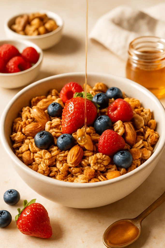 Live Better, Feel Stronger, Stay Healthy 2 Fresh homemade healthy granola recipe in a bowl topped with berries and nuts on a kitchen counter.