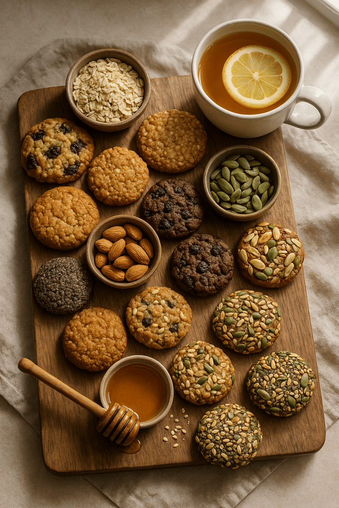 7 Easy & Healthy Cookies Recipes for Nutritious Home Baking 4 Freshly baked healthy cookies recipes with natural ingredients on rustic board for nutritious baking.