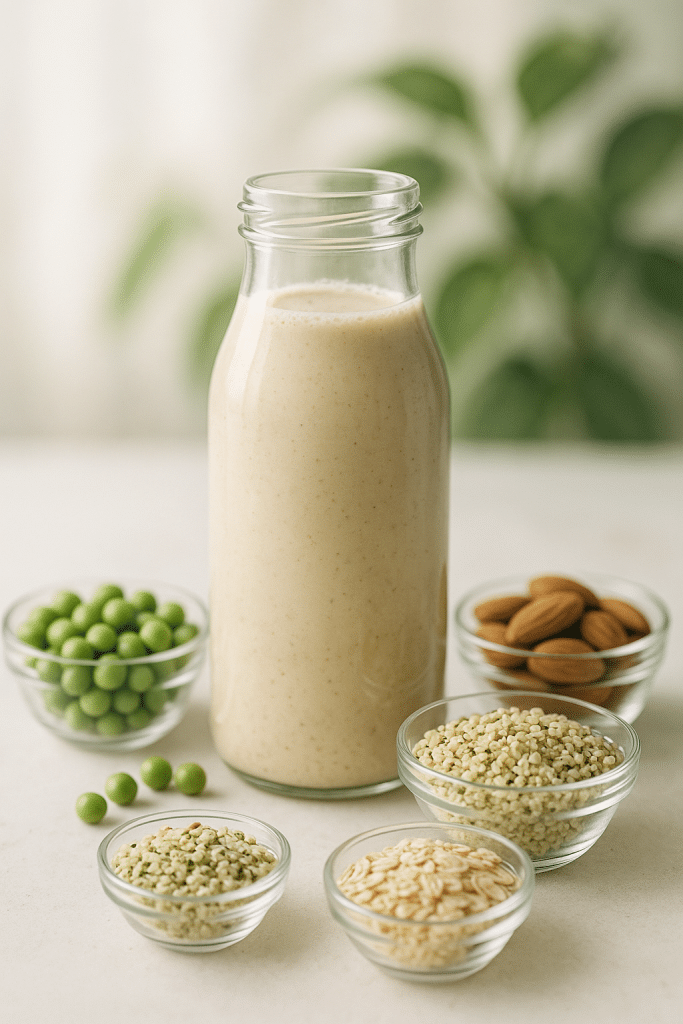 8 Best Dairy Free Protein Shakes for Balanced Nutrition 4 Glass bottle of the best dairy free protein shakes surrounded by fresh plant-based ingredients and green leaves