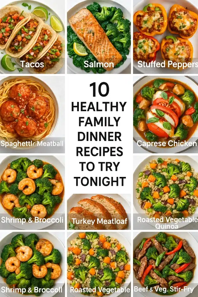 Grid of 10 colorful healthy family dinner recipes including tacos salmon and lentil chili