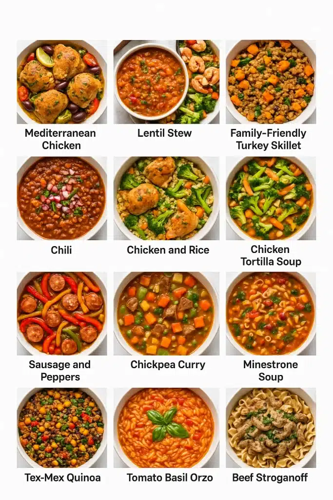 15 Best One Pot Healthy Recipes Women Will Love 5 Grid of 15 one pot healthy recipes including Mediterranean chicken lentil stew shrimp skillet and family friendly turkey skillet