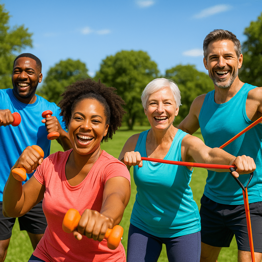 15 Best Exercises for Toning Arms Naturally and Effectively 5 Group of adults performing best exercises for toning arms outdoors, representing natural wellness.