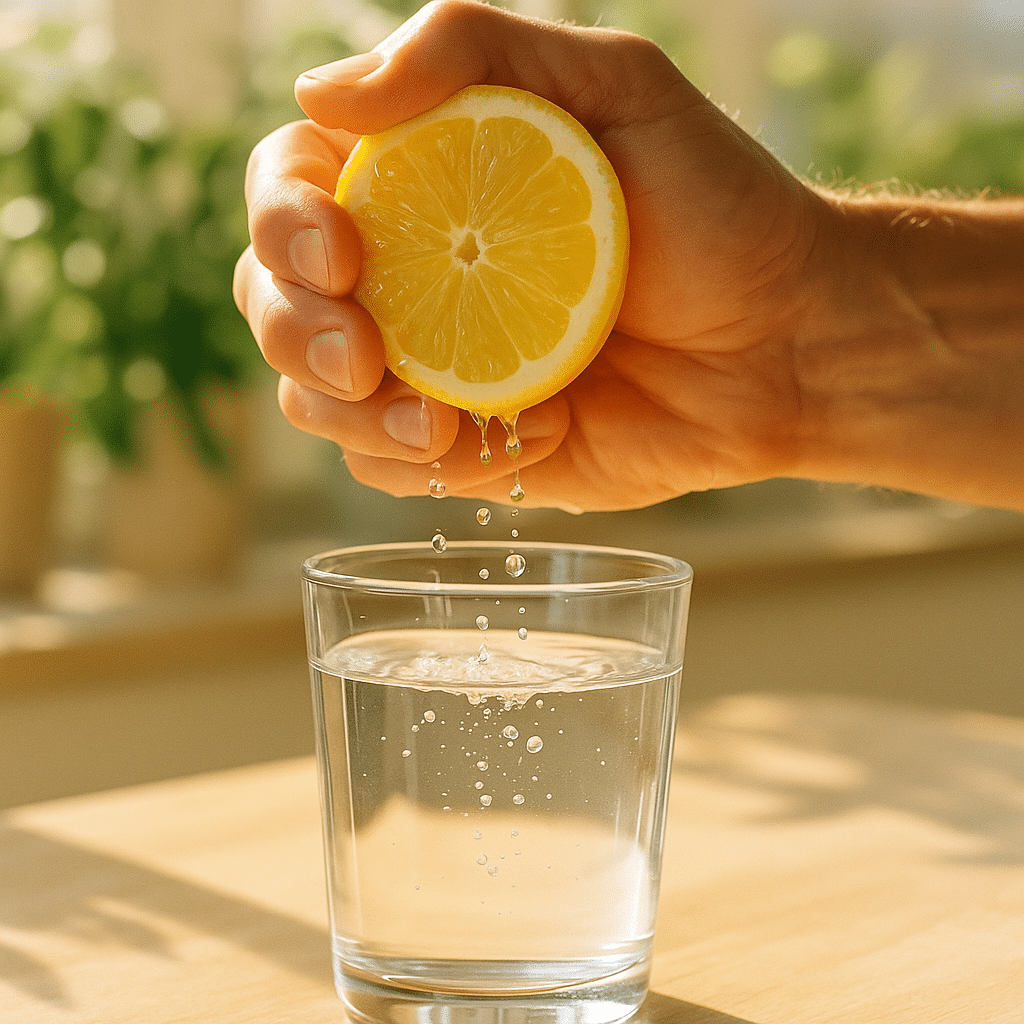 Hand squeezing fresh lemon into glass of water illustrating benefits of drinking lemon water