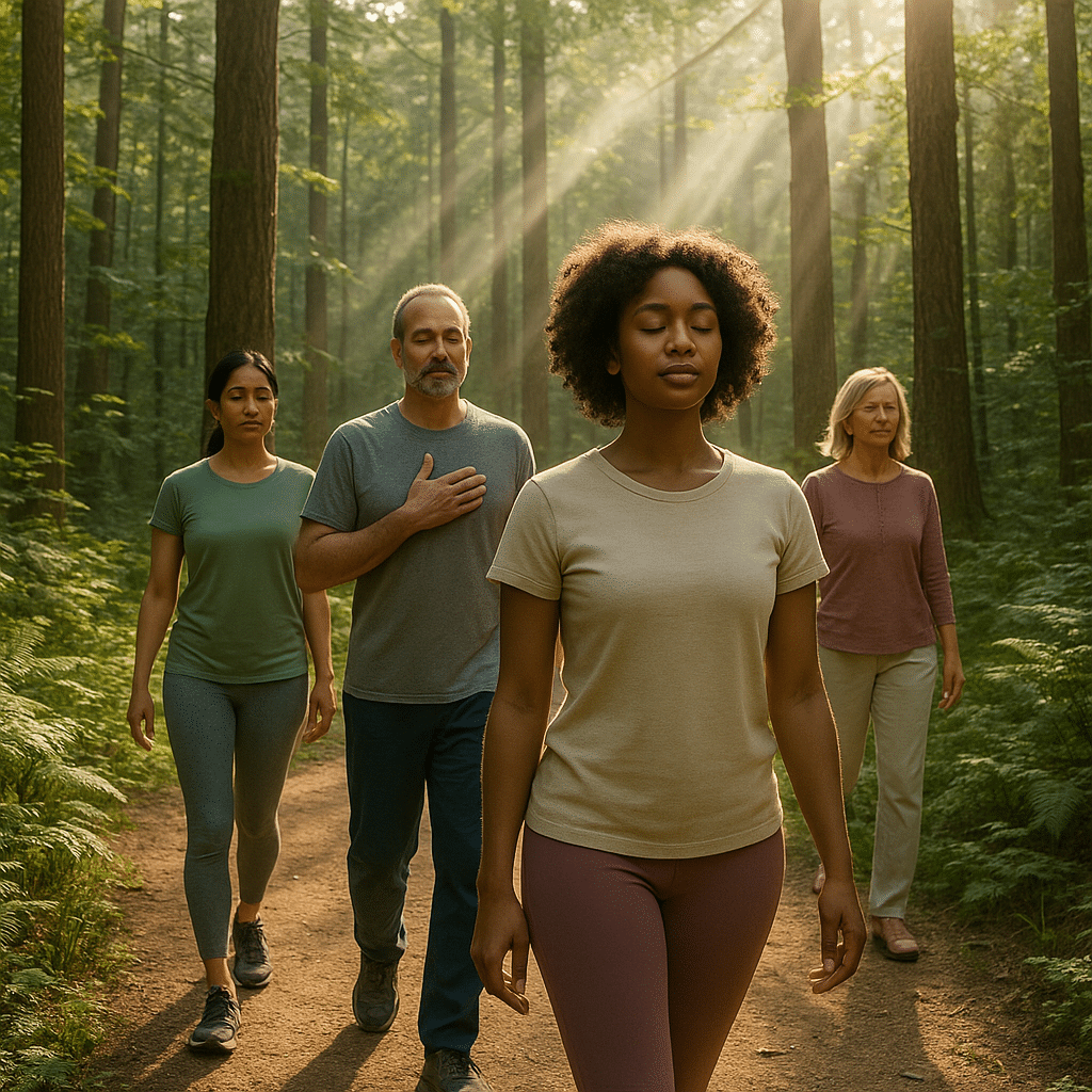 Health conscious adults practicing forest bathing in a sunlit forest trail highlighting benefits of
