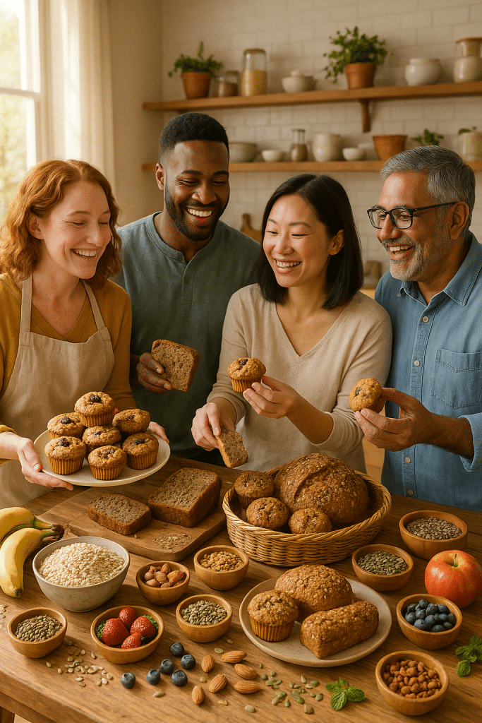 Health-conscious home cooks sharing fresh nutritious baked goods from healthy baking recipes in a bright kitchen.