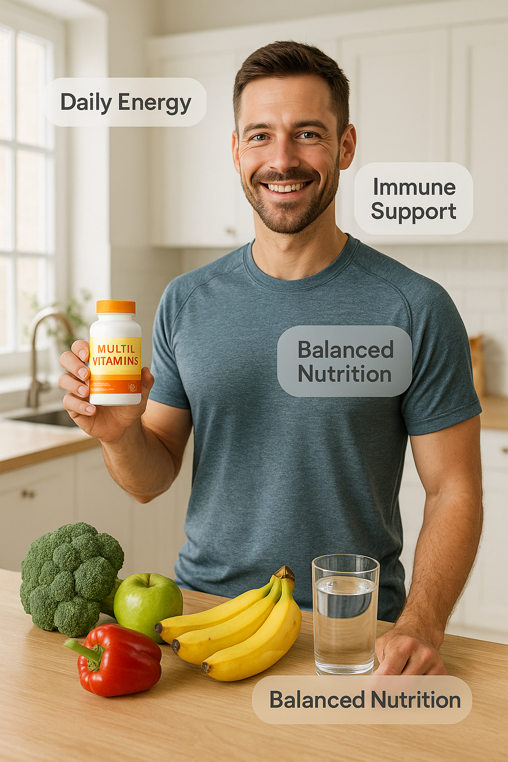 Top 7 Best Multivitamins for Men to Boost Health & Vitality 7 Health conscious man holding best multivitamins for men bottle with fresh fruits in kitchen
