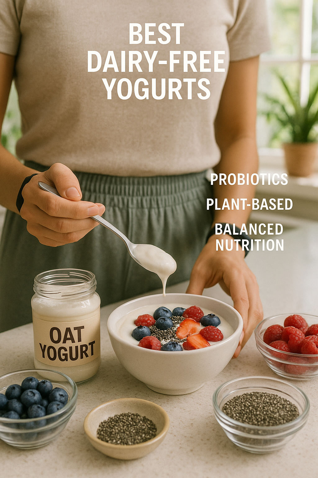 7 Best Dairy Free Yogurts for Healthy, Balanced Nutrition 7 Health conscious person preparing breakfast with best dairy free yogurts and fresh nutritious toppi