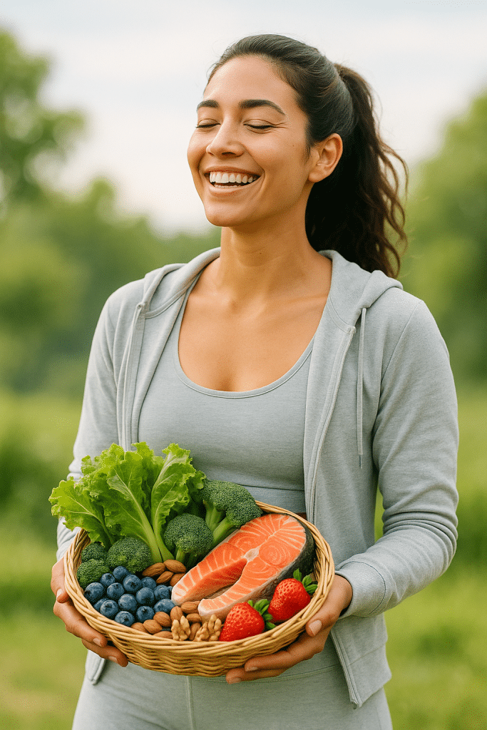 5 Effective PCOS Diet Plan Tips for Lasting Weight Loss 2 Health-conscious woman with fresh PCOS-friendly foods representing pcos diet plan for weight loss.