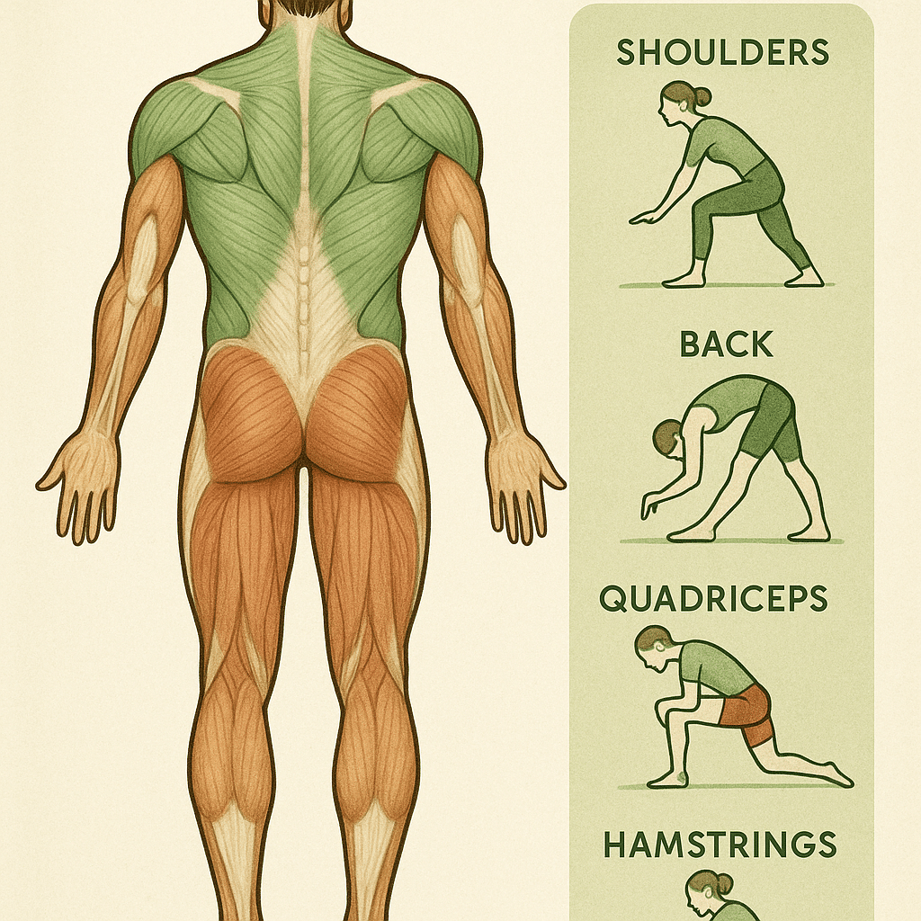 15 Powerful Stretching Exercises for Flexibility Every Adult Should Try 5 Human body muscle diagram showing key areas improved by stretching exercises for