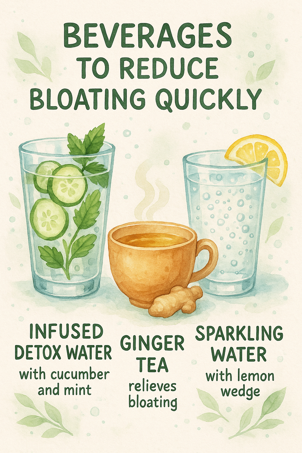Illustrated beverages including ginger tea and cucumber water to reduce bloating quickly