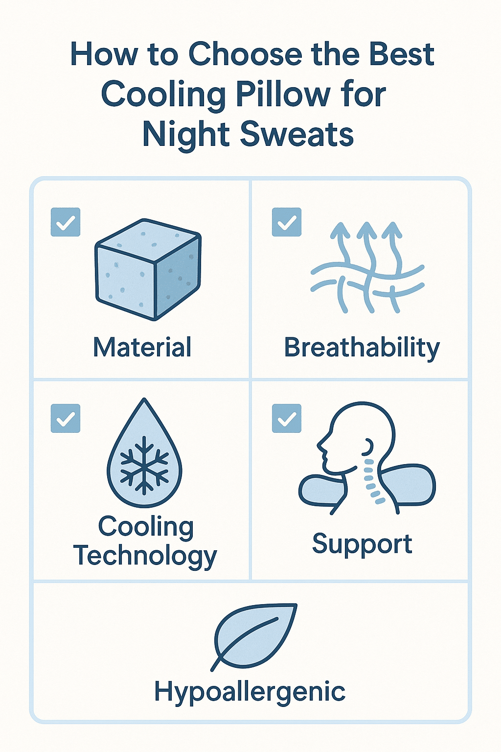 5 Best Cooling Pillows for Night Sweats to Sleep Cool & Calm 7 Illustrated checklist guide to choose best cooling pillows for night sweats with key features