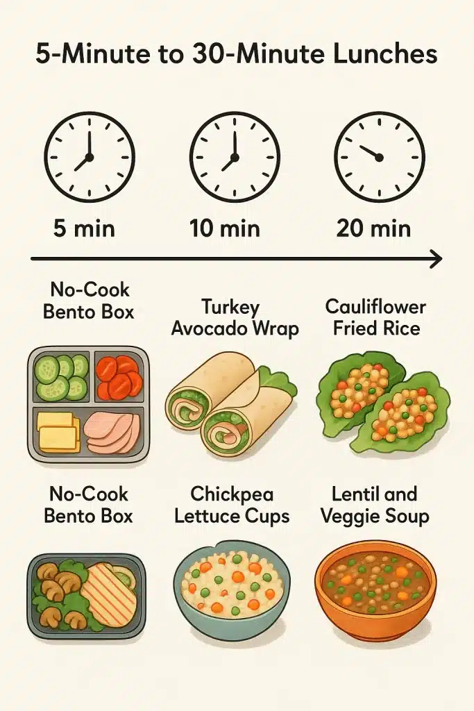 10 Easy Healthy Lunch Ideas Women Can Make Anytime 3 Illustrated cooking time timeline from 5 to 30 minutes with examples of easy healthy lunch ideas