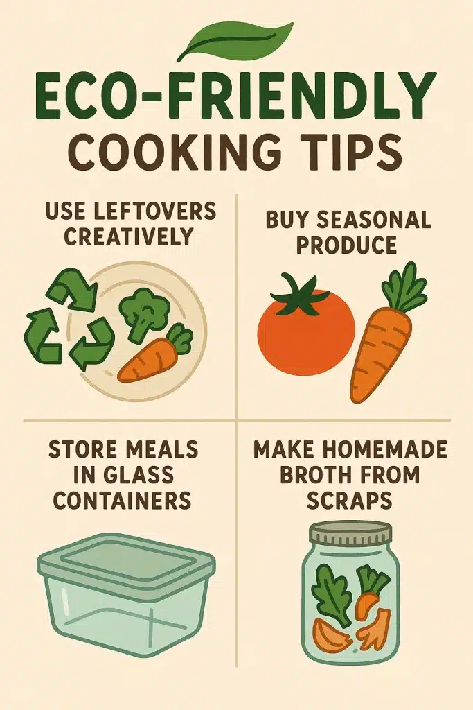10 Simple and Nutritious Vegan Healthy Dinner Ideas for Women 5 Illustrated eco friendly vegan cooking tips poster with icons for recycling leftovers and sustainable food storage