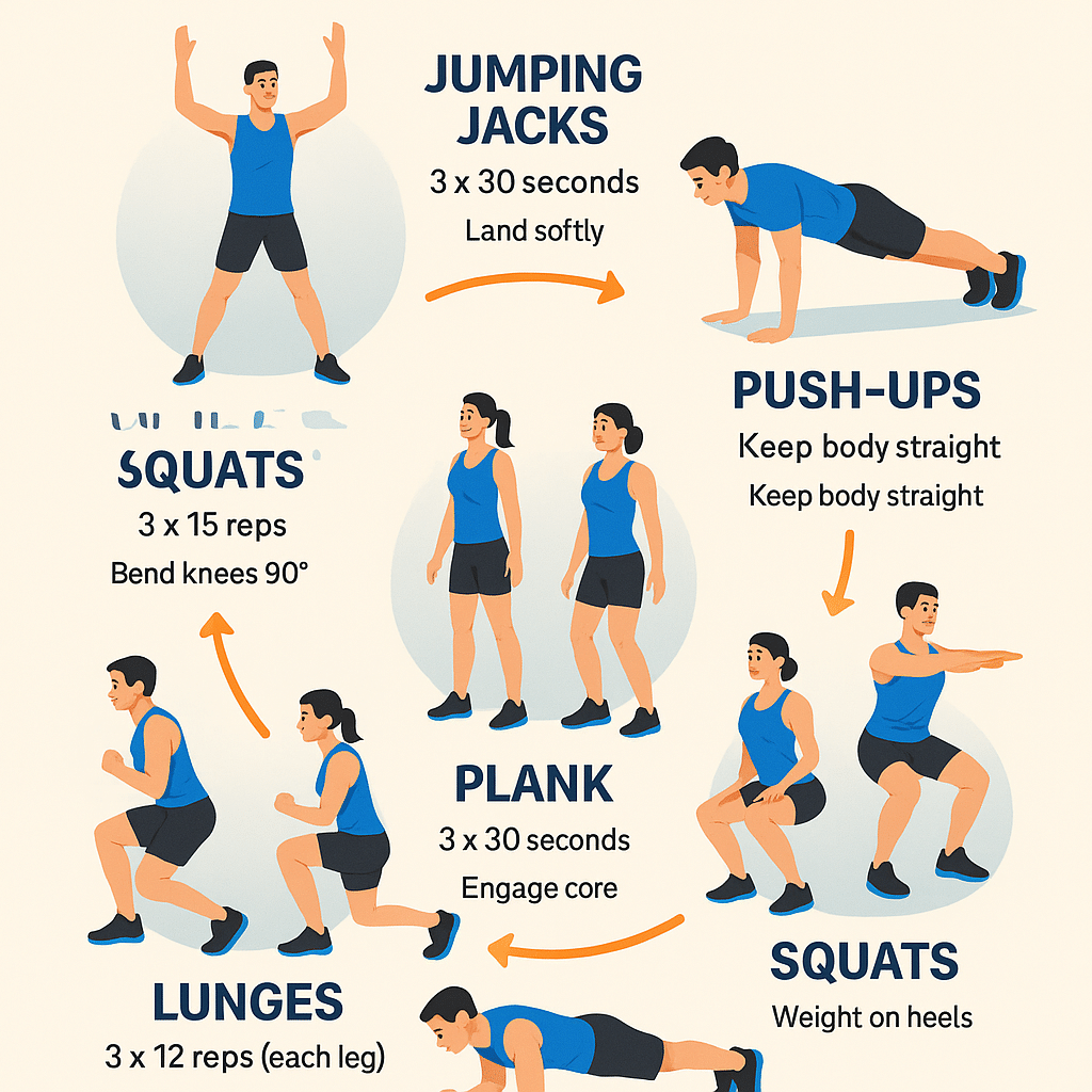 15 Best Home Workouts Without Equipment for Natural Wellness 3 Illustrated flowchart of the best home workouts without equipment demonstrating effective exercises