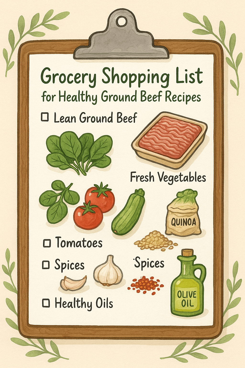 7 Healthy Ground Beef Recipes for Easy Nutritious Meals 7 Illustrated grocery list featuring essentials for healthy ground beef recipes and nutritious meals