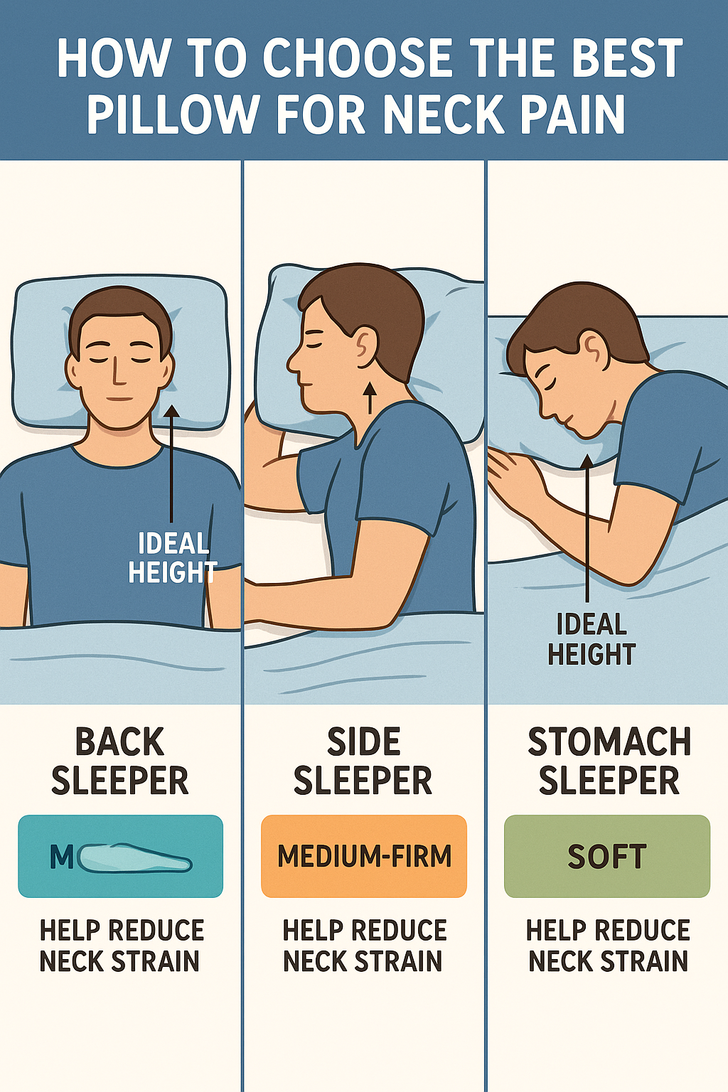 7 Best Pillows for Neck Pain to Improve Your Sleep Quality 5 Illustrated guide for choosing best pillows for neck pain by sleeping position