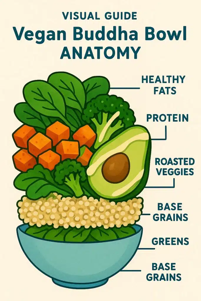 10 Simple and Nutritious Vegan Healthy Dinner Ideas for Women 4 Illustrated guide showing the layers of a vegan Buddha bowl including grains greens vegetables protein fats and dressing