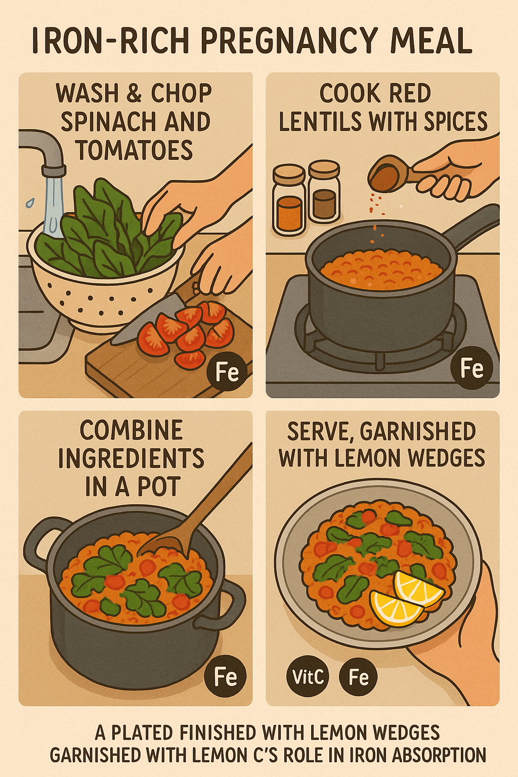 6 Essential Iron Rich Foods for Pregnancy to Boost Health 5 Illustrated recipe steps for an iron rich food meal for pregnancy with spinach and lentils