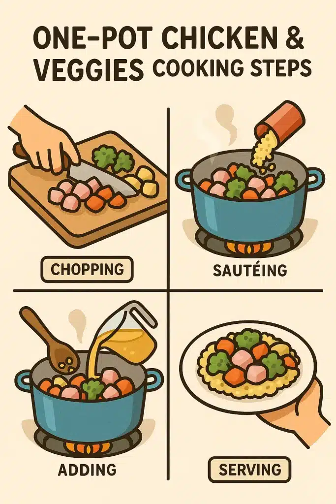 Illustrated step by step process of cooking a one pot chicken and vegetable dinner from healthy family dinner recipes