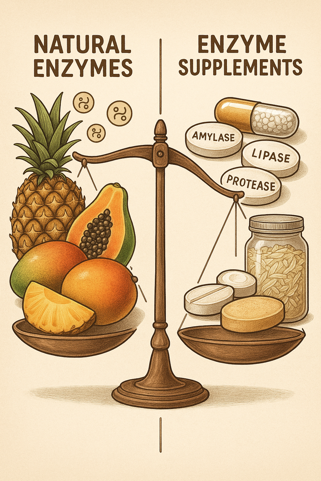 Top 6 Best Digestive Enzymes Supplements for Optimal Gut Health 7 Illustration comparing natural digestive enzyme foods with best digestive enzymes supplements benefi
