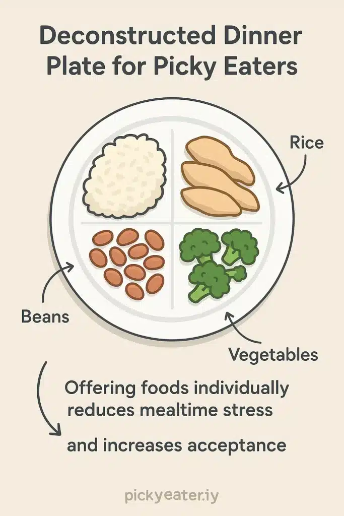 17Healthy Recipes for Picky Eaters That Actually Work 4 Illustration of a deconstructed dinner plate with chicken rice beans and vegetables separated for picky eaters