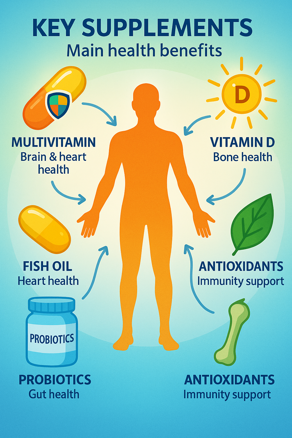 7 Best Supplements for Overall Health Every Adult Should Know 3 Illustration of best supplements for overall health boosting brain heart gut bones and immunity