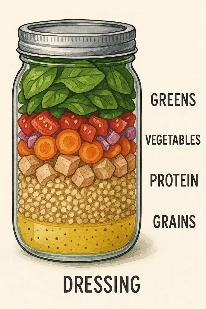 10 Healthy Salad Ideas Women Love: Fresh, Easy & Delicious 6 Illustration of mason jar salad layers with dressing grains protein vegetables and greens