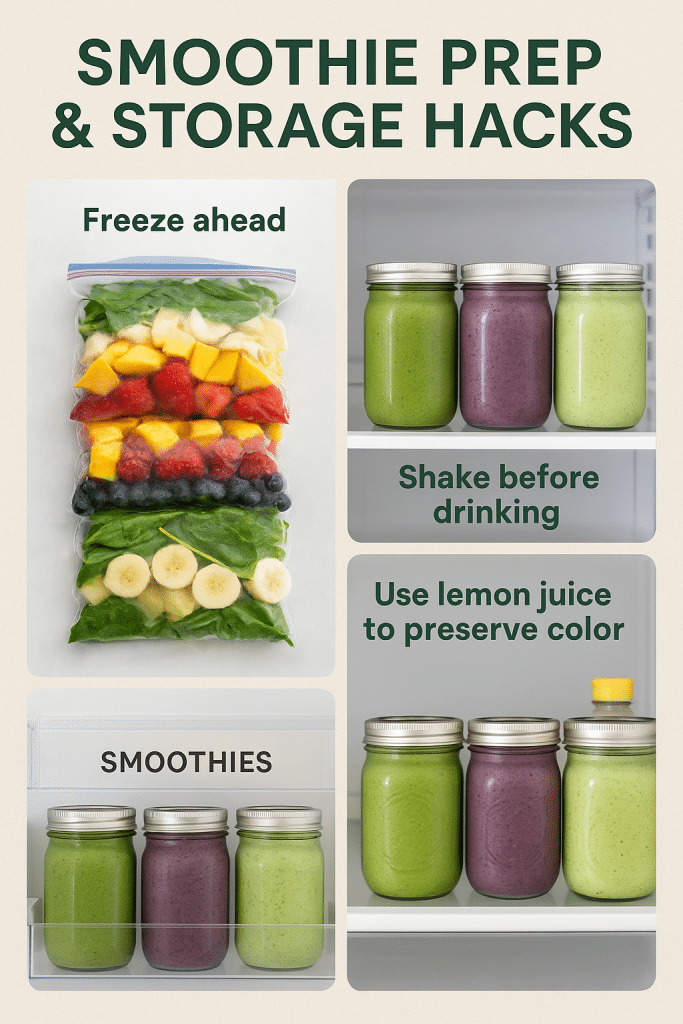 15 Best Healthy Smoothie Recipes Women Will Love 5 Image guide for smoothie prep and storage hacks for healthy smoothie recipes including freezer packs and mason jar storage