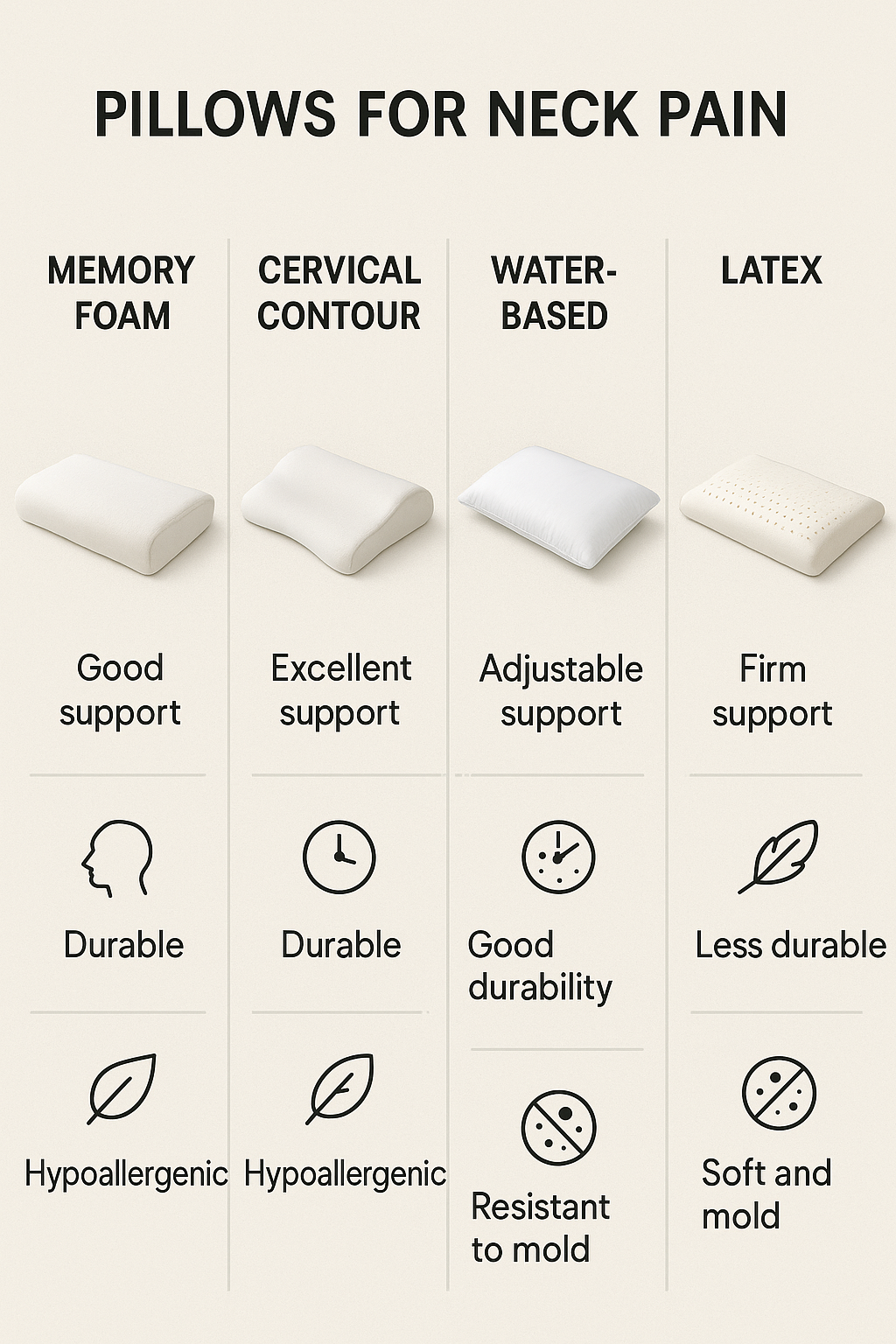 7 Best Pillows for Neck Pain to Improve Your Sleep Quality 4 Infographic comparing best pillows for neck pain types with benefits and features