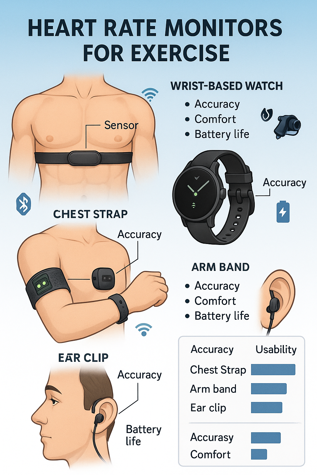 Top 8 Best Heart Rate Monitors for Exercise: Accuracy & Comfort 3 Infographic comparing types of best heart rate monitors for exercise with features and accuracy rati