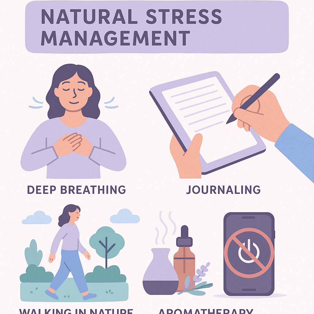 Infographic explaining natural stress management techniques for health and wellness tips