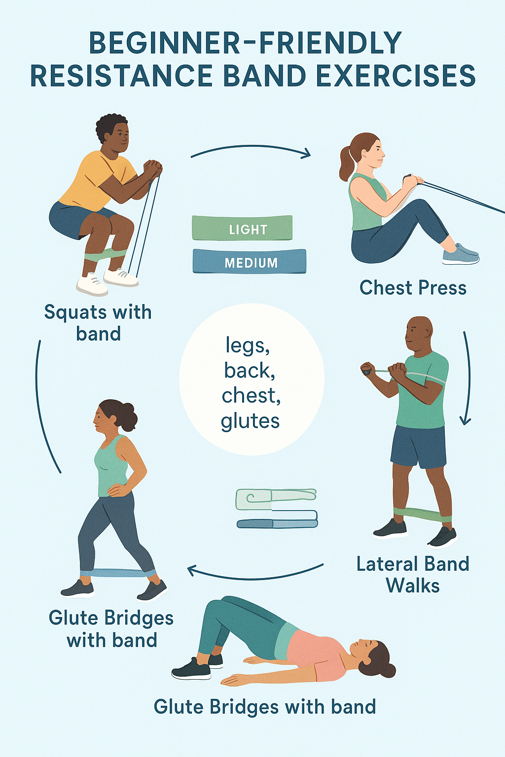5 Essential Resistance Band Workouts for Beginners to Build Strength 3 Infographic illustrating five beginner resistance band workouts for beginners targeting key muscle g