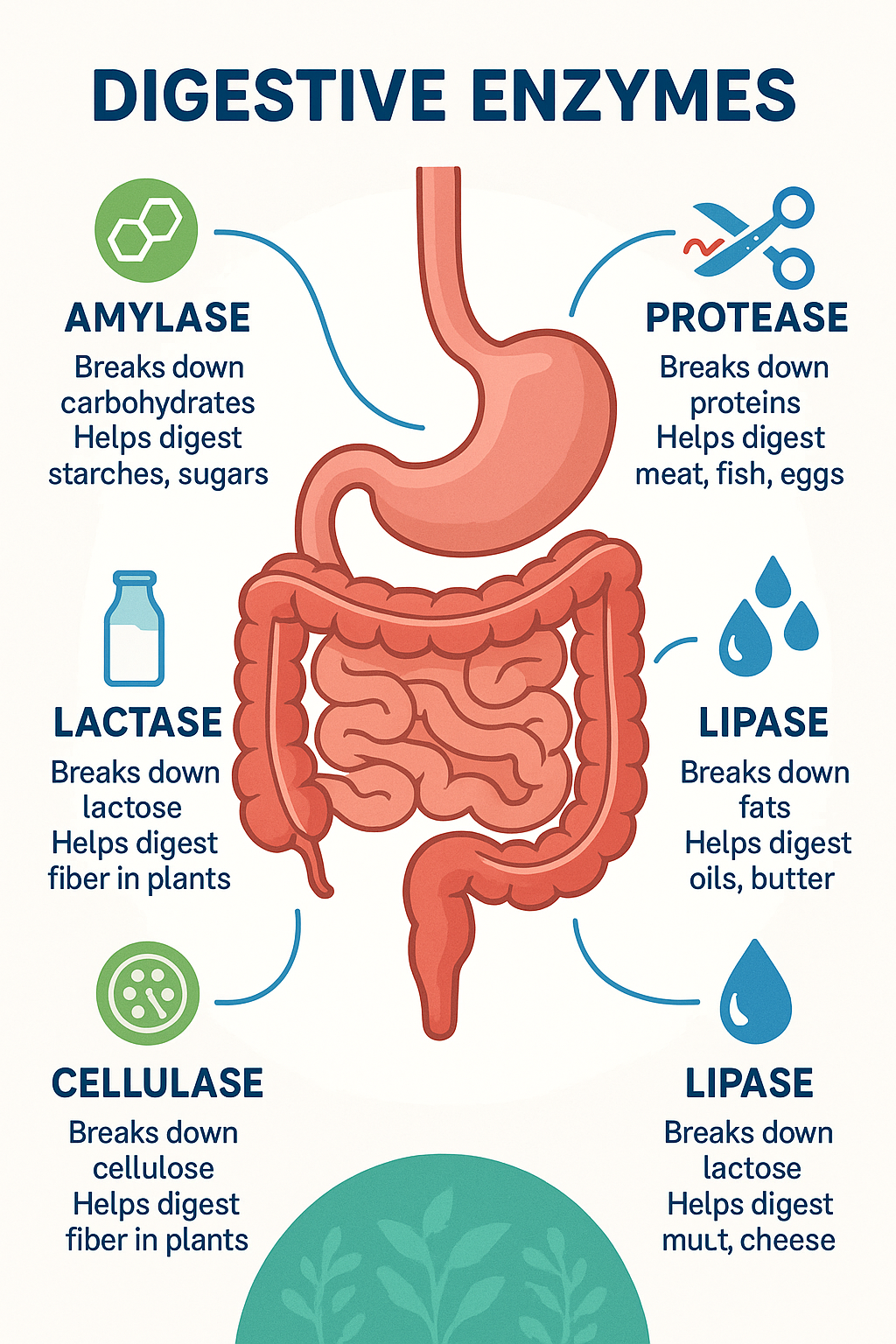 Top 6 Best Digestive Enzymes Supplements for Optimal Gut Health 3 Infographic illustrating main digestive enzymes in best digestive enzymes supplements and their role