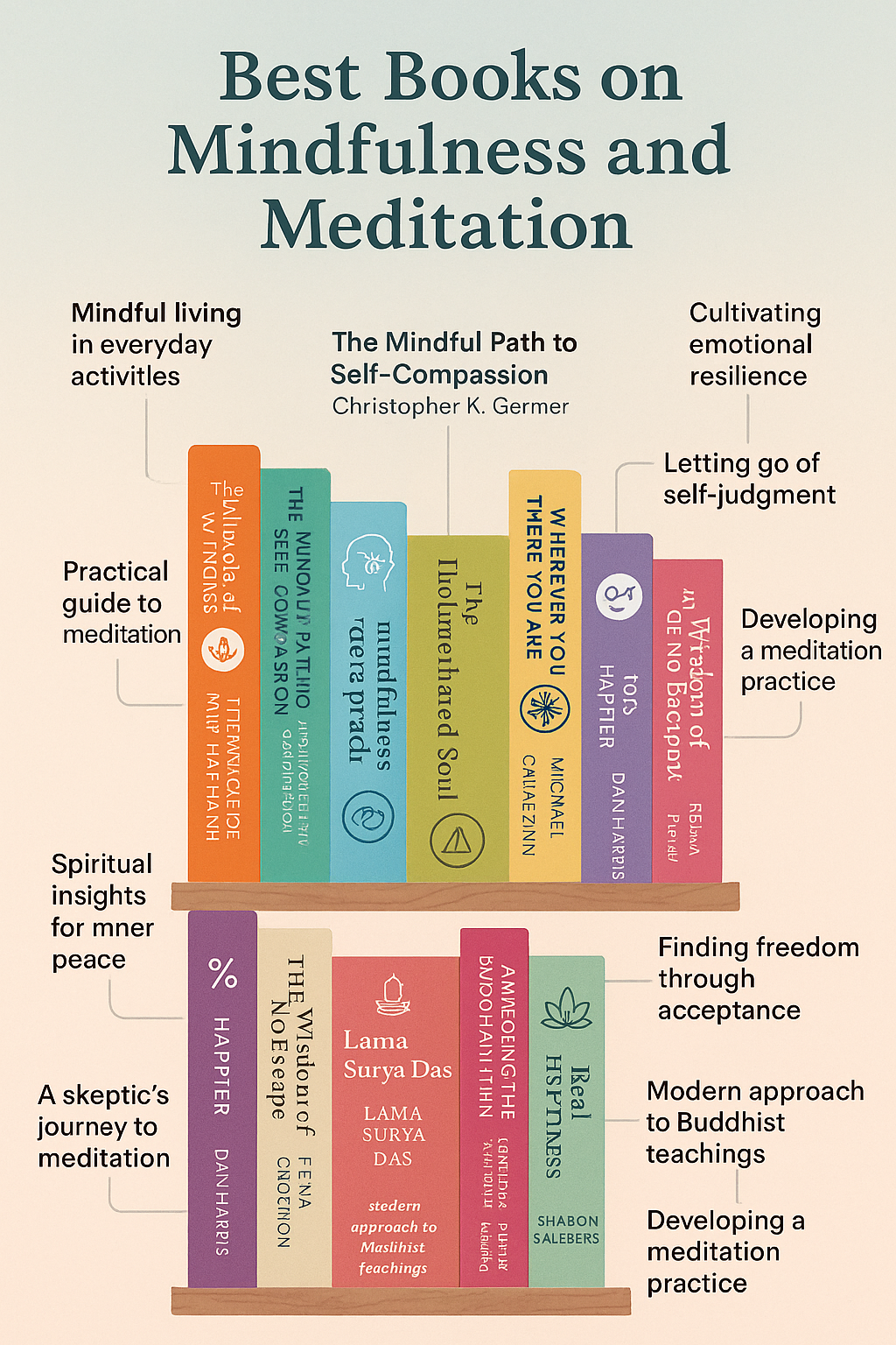 Top 10 Best Books on Mindfulness and Meditation for Wellness 3 Infographic of best books on mindfulness and meditation arranged on a colorful bookshelf with key hi