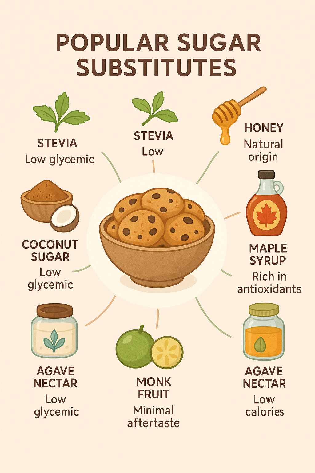 8 Best Sugar Substitutes for Baking: Healthy & Delicious Choices 3 Infographic of the best sugar substitutes for baking with icons and benefits around a bowl of cookie