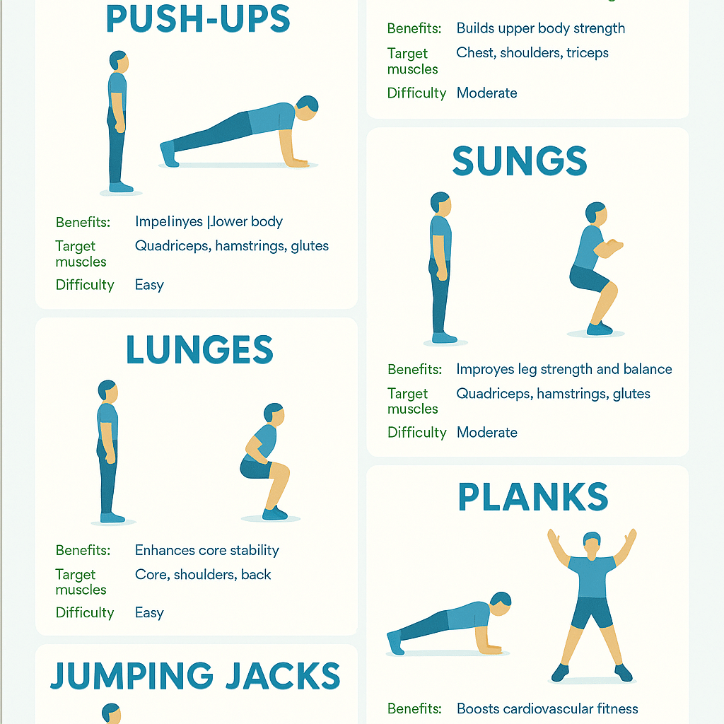 15 Powerful Bodyweight Exercises for Beginners to Transform Your Health 3 Infographic showing 5 beginner bodyweight exercises with instructions and benefits ideal for bodywe
