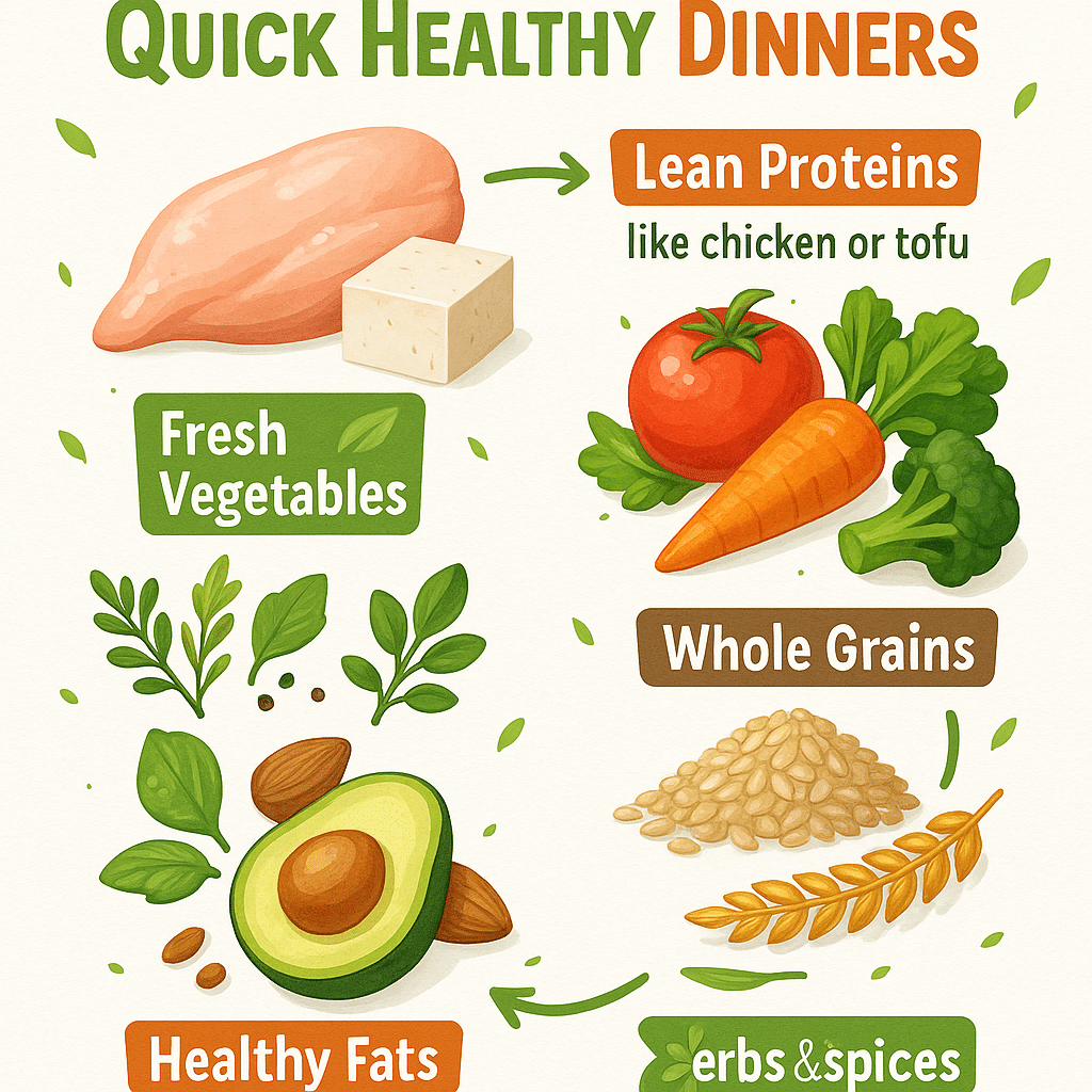 Infographic showing 5 key ingredients for quick healthy dinner recipes emphasizing natural wellness