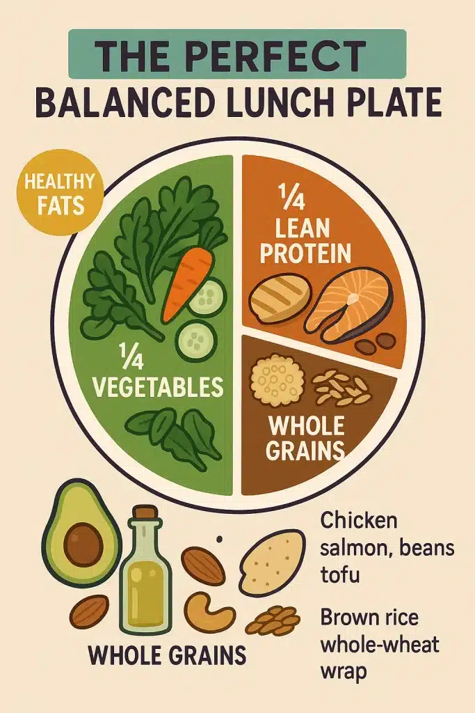 10 Easy Healthy Lunch Ideas Women Can Make Anytime 4 Infographic showing a balanced plate with protein vegetables grains and healthy fats for easy healthy lunch ideas