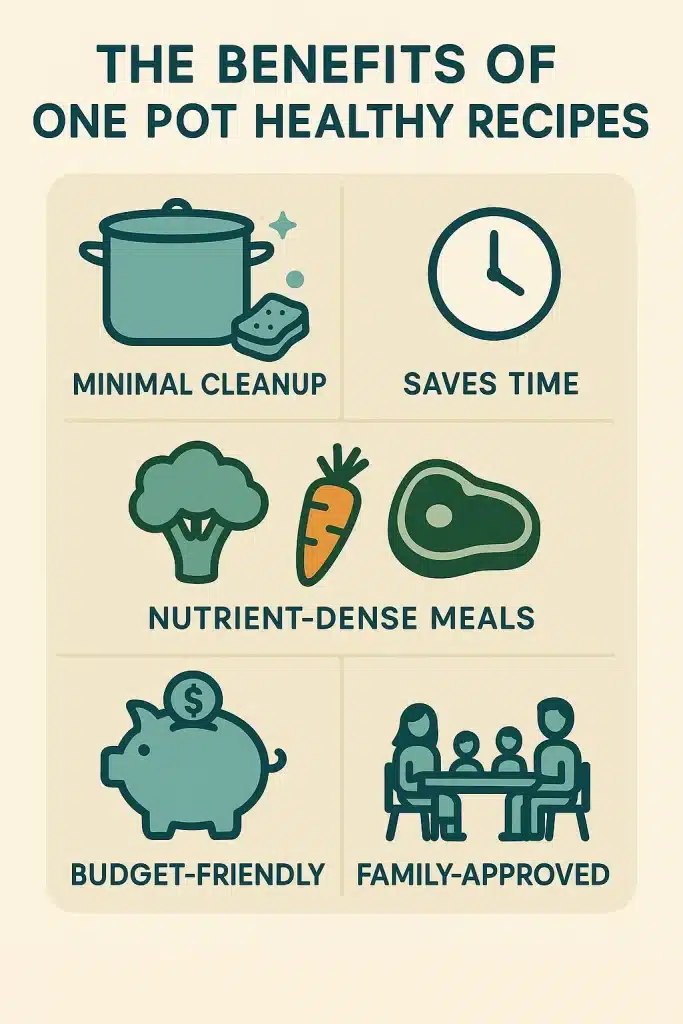 15 Best One Pot Healthy Recipes Women Will Love 3 Infographic showing benefits of one pot healthy recipes including less cleanup time savings and nutrient rich meals