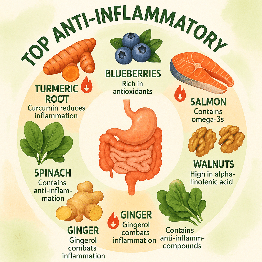 15 Best Anti Inflammatory Foods to Boost Natural Wellness 3 Infographic showing best anti inflammatory foods including turmeric salmon and blueberries with he