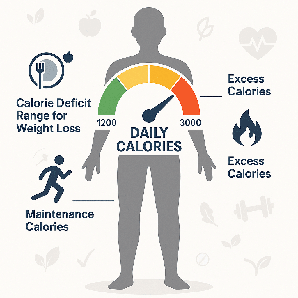 How Many Calories Should I Eat to Lose Weight? 12 Proven Tips for Success 3 Infographic showing calorie ranges to lose weight with a human figure and daily calorie meter optim
