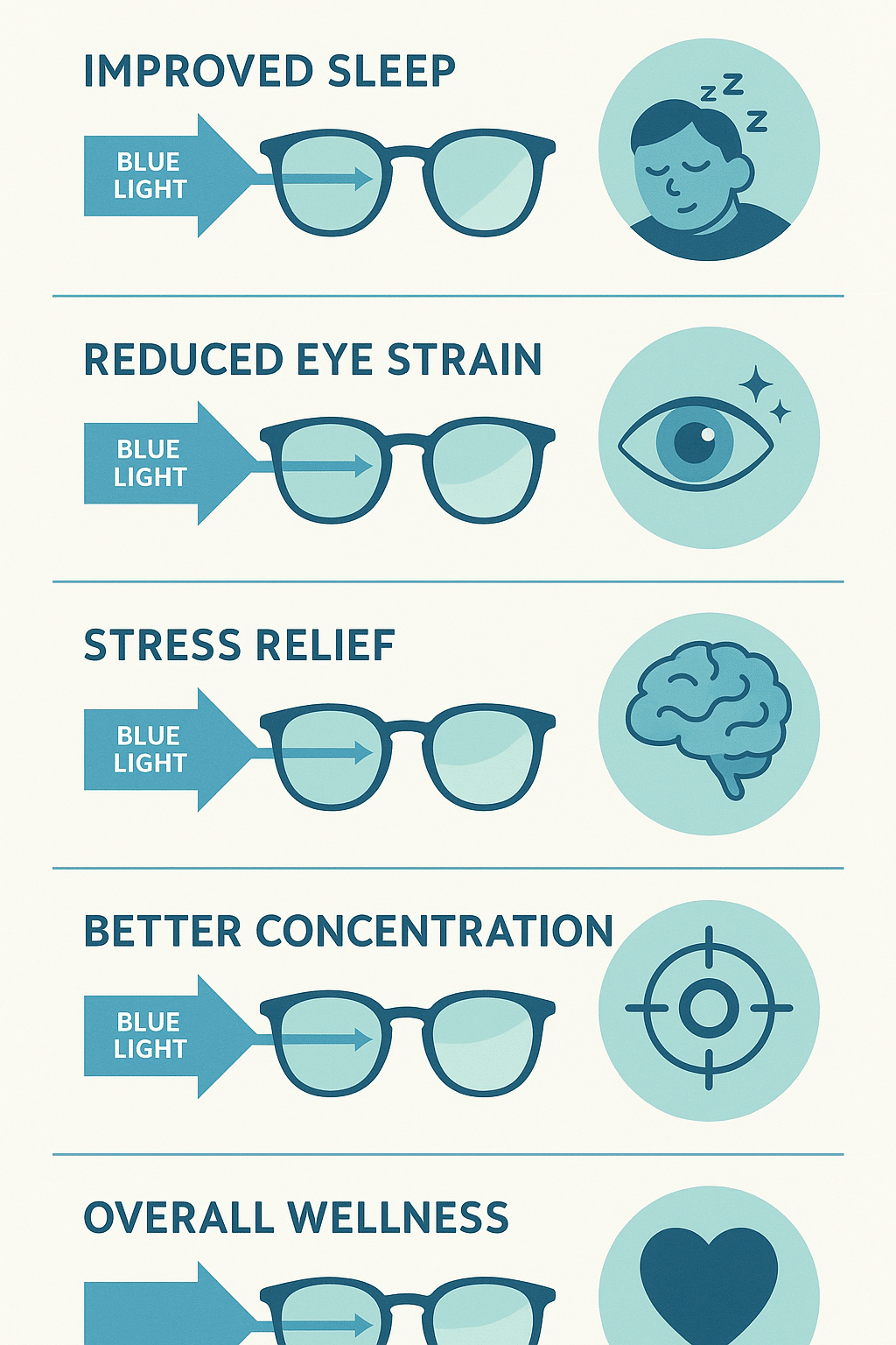 5 Powerful Blue Light Blocking Glasses Benefits for Wellness 3 Infographic showing five blue light blocking glasses benefits for wellness and stress relief