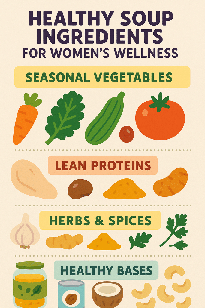 15 Best Healthy Soup Recipes Every Woman Should Try 3 Infographic showing healthy soup ingredients including vegetables lean proteins and spices for womens wellness