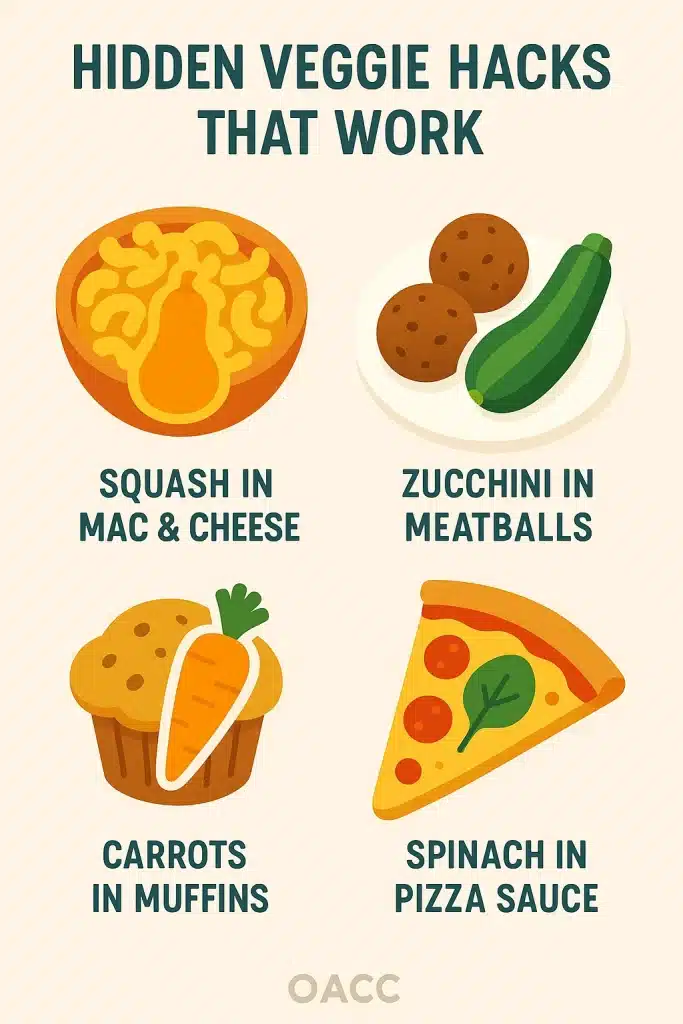 17Healthy Recipes for Picky Eaters That Actually Work 5 Infographic showing hidden veggie recipe hacks for picky eaters including squash mac and cheese zucchini meatballs and spinach pizza sauce