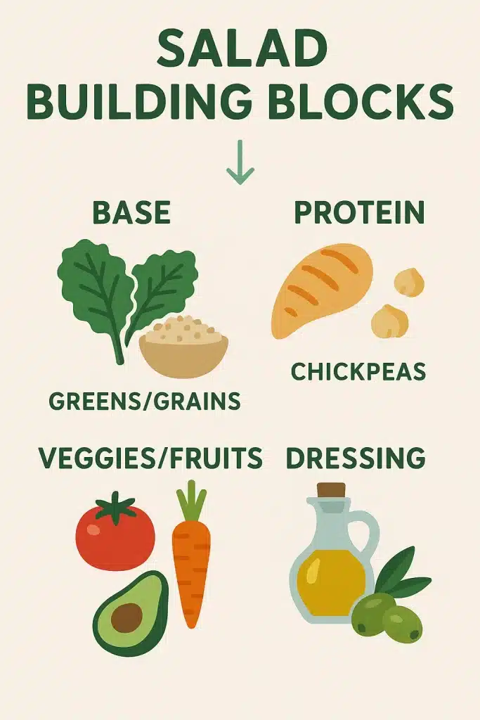 10 Healthy Salad Ideas Women Love: Fresh, Easy & Delicious 4 Infographic showing how to build healthy salad ideas with greens protein veggies and dressing