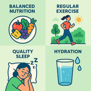 Infographic showing key healthy lifestyle habits including balanced nutrition exercise sleep and