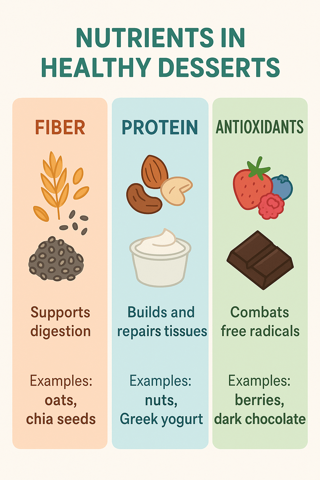 7 Delicious Healthy Desserts Recipes for Nutritious Treats 3 Infographic showing key nutrients in healthy desserts recipes with icons of oats nuts berries